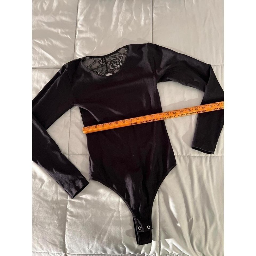 Black Long Sleeve Lace Back Bodysuit Women's Sexy V-Neck Thong Snap Closure M/L